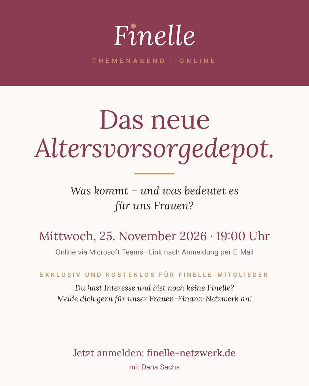 Flyer: Das neue Altersvorsorgedepot, Finelle Themenabend online am Mittwoch, 25. November 2026 um 19 Uhr